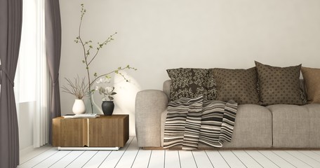 Mock up of white minimalist room with sofa. Scandinavian interior design. 3D illustration