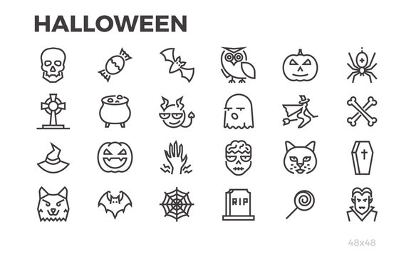 Halloween thin line icons. Pumpkins, witches, zombies, vampires, devils, werewolves and other halloween symbols. Editable line.