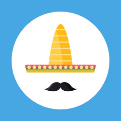 Sombrero and Mustache flat icon isolated on blue background. Simple sombrero symbol in flat style. Mexico symbol Vector illustration for web and mobile design.