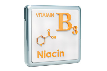 Vitamin B3, niacin. Icon, chemical formula, molecular structure on white background. 3D rendering