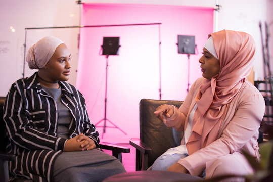 Businesswomen making vlog blog video in studio