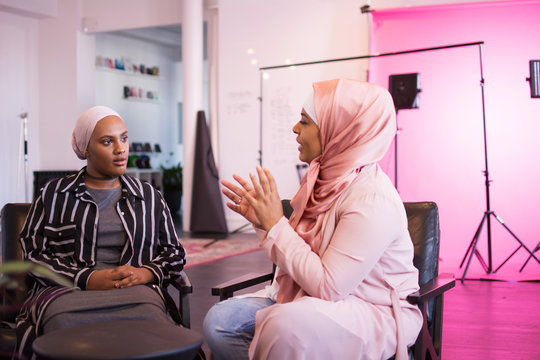 Businesswomen making vlog blog video in studio