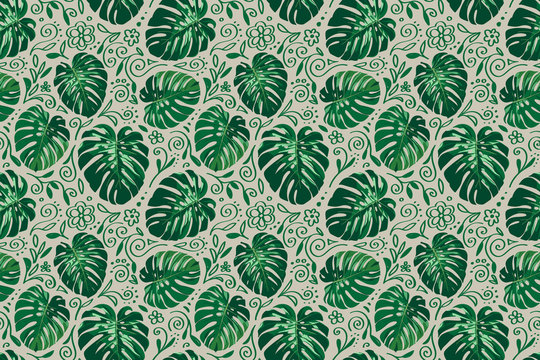 Seamless horizontal monstera palm leaves pattern with doodle line elements around for your summer background. Vector tropical illustration