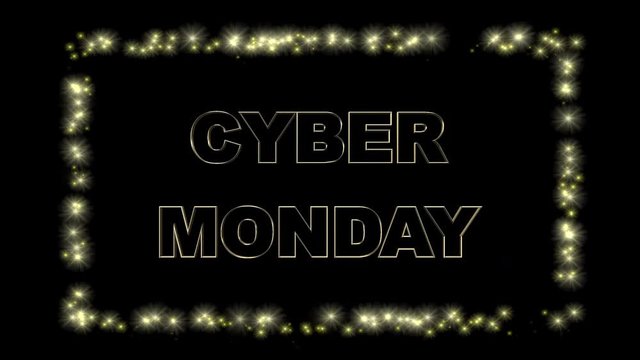 Cyber Monday bold outlined text with Split-flap display lettering and border, against black background. 4k 
