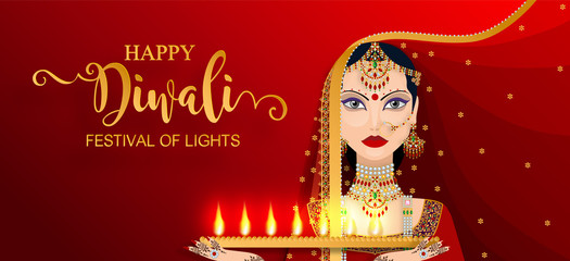 Happy Diwali festival card with gold diya patterned and crystals on paper color Background.