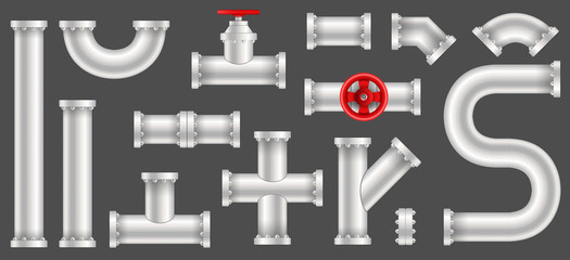 Creative vector illustration of plastic water, oil, gas pipeline, pipes sewage isolated on transparent background. Art design abstract concept graphic ells, gate valve, fittings, faucet element