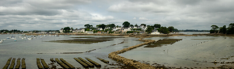 Fototapeta na wymiar vue panoramique sur un village breton avec la marée basse et des parc à huître