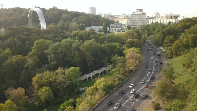 Aerial view to People's Friendship Arch with view to the center of city Kyiv, Ukraine