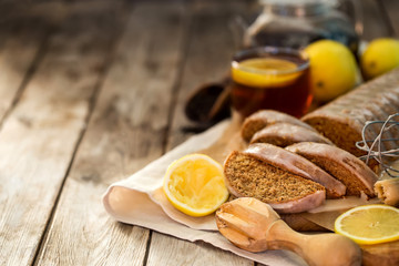 Cake with lemon icing background