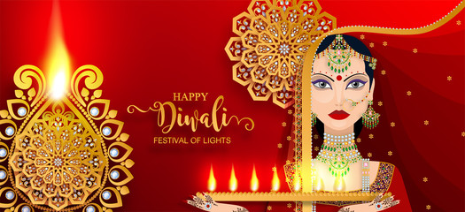Happy Diwali festival card with gold diya patterned and crystals on paper color Background.