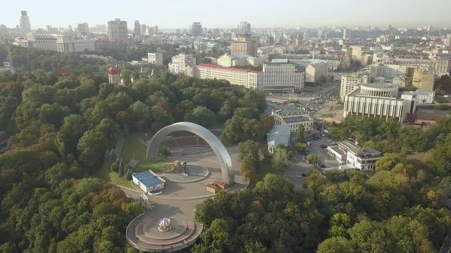 Aerial view to People's Friendship Arch with view to the center of city Kyiv, Ukraine