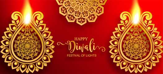 Happy Diwali festival card with gold diya patterned and crystals on paper color Background.