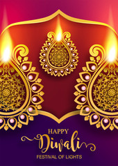 Happy Diwali festival card with gold diya patterned and crystals on paper color Background.