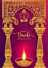 Fototapeta na wymiar Happy Diwali festival card with gold diya patterned and crystals on paper color Background.