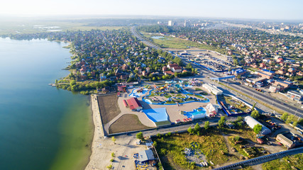 Aerial view of water park from above. Summer