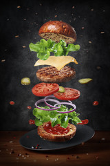 Exploded view diagram of cheeseburger - obrazy, fototapety, plakaty