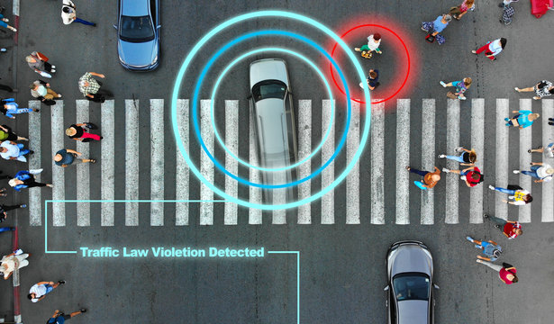 Smart Robotic Road Control Technology Concept. Aerial From Drone. Violation Of Traffic Rules. The Car Passes On A High Speed Red Light Through A Pedestrian Crossing. 