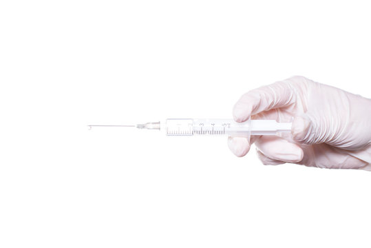 Anti-age object water virus vial tool pills painkiller drugs concept. Close up photo of nurse's hand hold show present give make vaccine with thin needle isolated on white background copy-space