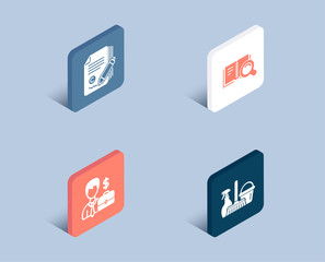 Set of Businessman case, Search book and Copywriting icons. Household service sign. Human resources, Online education, Ð¡opyright signature. Cleaning equipment.  3d isometric buttons. Vector