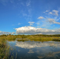 Sunny autumn day on the shore of an artificial lake.