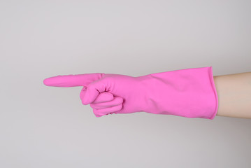 Show demonstrate direction way present cutout top success dust housekeeping concept. Close up photo of lady's forefinger pointing on empty blank place for text isolated on gray background