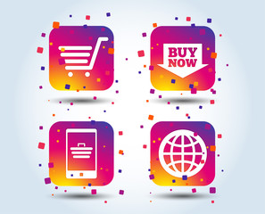 Online shopping icons. Smartphone, shopping cart, buy now arrow and internet signs. WWW globe symbol. Colour gradient square buttons. Flat design concept. Vector