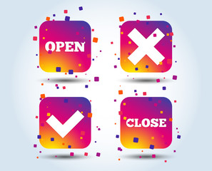 Open and Close icons. Check or Tick. Delete remove signs. Yes correct and cancel symbol. Colour gradient square buttons. Flat design concept. Vector