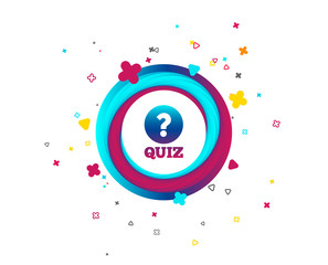 Obraz premium Quiz with question mark sign icon. Questions and answers game symbol. Colorful button with icon. Geometric elements. Vector