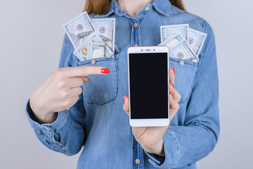 Purchase site wallet bank jeans shirt red nails sexy tech digital store shop scan buyer customer rfid electronic concept. Cropped close up photo of lady choosing app on touchscreen isolated background