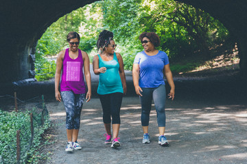 Smiling women walking in the park