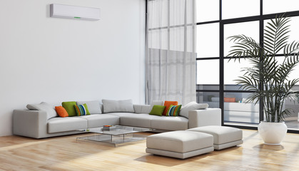 modern bright interiors apartment Living room with air conditioning illustration 3D rendering computer generated image