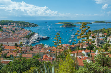 Fototapeta premium Port in Hvar, Croatia. A town with a rich history. Waterfront promenade with a row of palm trees. View from fortress Spanjola.
