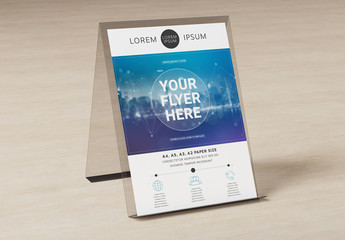 Brochure Display Stand on Wooden Table Mockup