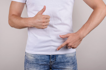 Duration no problem therapy treatment passion urology concept. Cropped close up photo of happy glad guy showing demonstrating groin zipper pants trousers jeans make give like isolated grey background