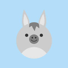 Cute donkey round vector graphic icon. Grey donkey animal head, face illustration. Isolated on blue background.