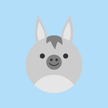 Cute donkey round vector graphic icon. Grey donkey animal head, face illustration. Isolated on blue background.