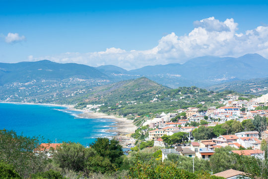 The City of Ascea, in Italy, on Cloudy Sky Background in Summer
