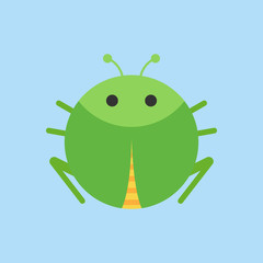 Cute grasshopper round vector graphic icon. Green bush-cricket insect animal head, body illustration. Isolated on blue background.