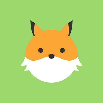 Cute fox round vector graphic icon. Fox animal head, face illustration. Isolated on green background.