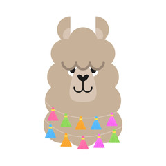 Fototapeta premium Cute simple llama head vector illustration. Beige llama, alpaca head, face with ears, eyes and nose. Fluffy llama animal with colorful fringed tassels on string around neck, isolated.