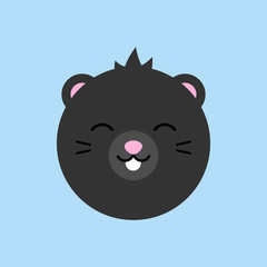 Cute mole round vector graphic icon. Black mole, insectivore animal head, face illustration. Isolated on blue background.