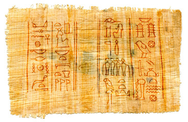 Fototapeta na wymiar Ancient papyrus with Egyptian hieroglyphs: the names of Isis, the great goddess (at the left) and her husband Osiris, the god of the Underworld (at the right). The Karnak Temple, Thebes Valley, Luxor.