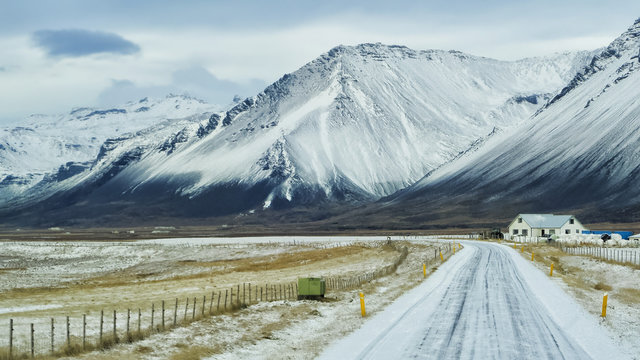 Snæfellsnes Peninsula, Road and mountains covered by snow at western Iceland