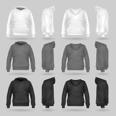 White, grey and black sweatshirt hoodie template in four dimensions: front, side and back view, realistic gradient mesh vector. Clothes for sport and urban style
