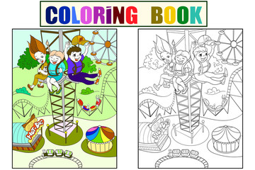 Thrill from a free fall from this tower. Color book black lines on a white background. Coloring, black and white