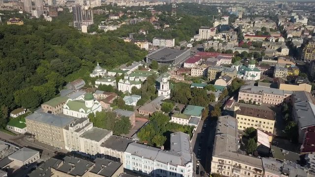 Famous touristic places in Kyiv - Aerial view to Ascension Convent woman monastery Sts. Florus and Laurus at Podil region, Kyiv, Ukraine