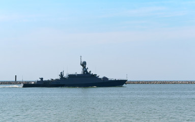 Fototapeta premium Naval warship is coming. Warship.