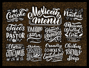 Mexican Menu lettering with traditional food names Guacamole, Enchilada, Tacos, Nachos and more. Vector vintage illustration. Background for restaurant, cafe, showcase, storefront design