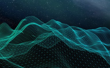 Abstract landscape on a dark background. Cyberspace grid. Hi-tech network. Outer space. Starry outer space texture. 3D illustration