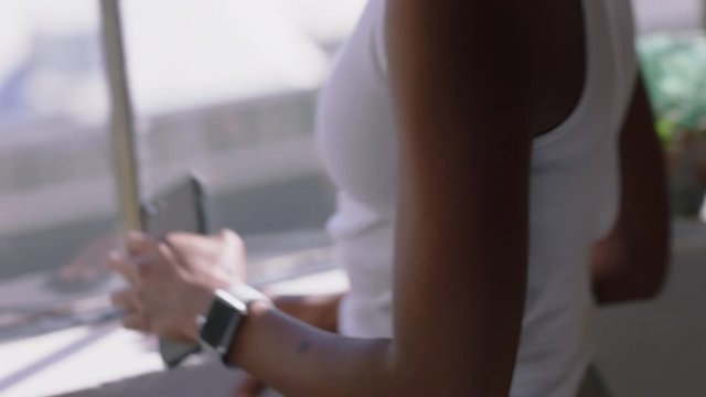 Young Woman Hands Using Smartphone Browsing Messages Enjoying Texting On Mobile Phone At Home Wearing Smartwatch Close Up